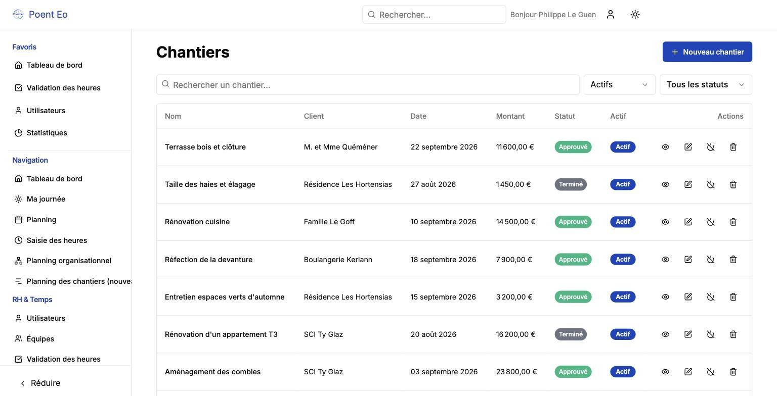 Liste des chantiers avec client, date, montant et statut